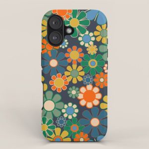 Retro Floral 60s 70s Garden Flowers Pattern Blue Green Orange Mustard iPhone Case