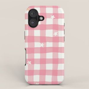 Pastel Pink Gingham with Stars Pattern Soft Aesthetic Grid iPhone Case