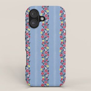 Vintage Posey Stripe Floral on Blue Linen iPhone Case