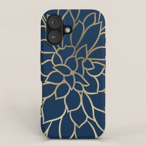 Floral Prints, Line Art, Navy Blue and Gold iPhone Case