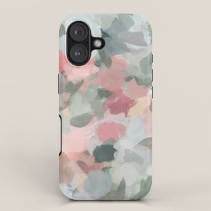 Tropical Winds - Blue Sage Green Coral Pink Flowers in the Abstract Nature Painting Art Print iPhone Case