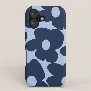 Large Dark Blue Retro Flowers Baby Blue Background #decor #society6 #buyart iPhone Case