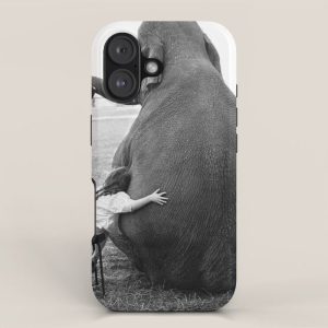 Odd Best Friends, Sweet Little Girl hugging elephant black and white photograph iPhone Case