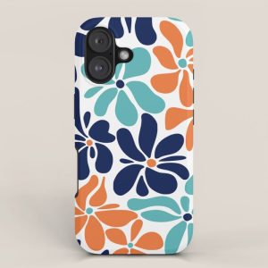 Abstract Flowers, Orange, Navy, Teal iPhone Case
