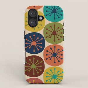 Atomic Dots Pattern in Mid Mod Teal, Orange, Olive, Blue, Mustard, and Beige iPhone Case