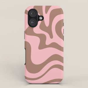 Retro Liquid Swirl Abstract Contemporary Pattern 5 in Mocha Brown and Pink iPhone Case