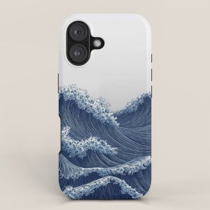 Ocean Print Wave Wall Art Japanese Wall Art Navy Blue Poster Minimalist Decor Nautical Painting iPhone Case