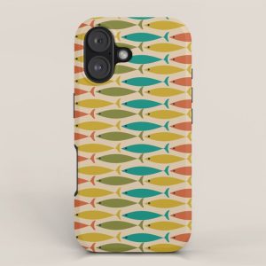 Midcentury Modern Multicolor Fish Stripes Pattern in Olive, Mustard, Orange, Teal, Beige iPhone Case