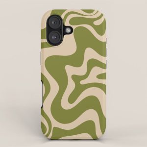 Retro Liquid Swirl Abstract Pattern in Mid Mod Olive Green and Beige iPhone Case