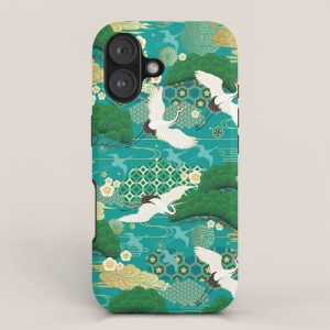 Japanese Flying Crane Aqua Mint Forest Pattern iPhone Case
