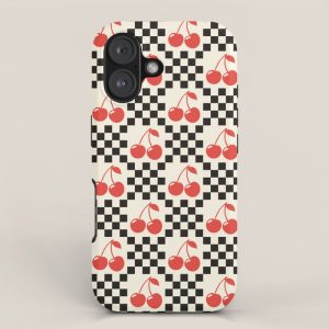 Red Cherries, Black & White Double Checker iPhone Case