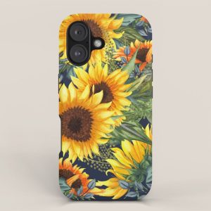 Festive, Sunflower, Yellow and Green on Navy Blue, Floral Prints iPhone Case