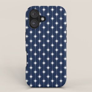 Midcentury Stars and Dots Pattern in Nautical Navy Blue and White iPhone Case