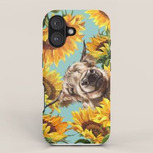Highland Cow with Sunflowers in Blue iPhone Case