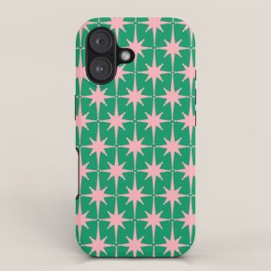 Midcentury Modern Atomic Age Starburst Pattern in Pink and Christmas Green iPhone Case