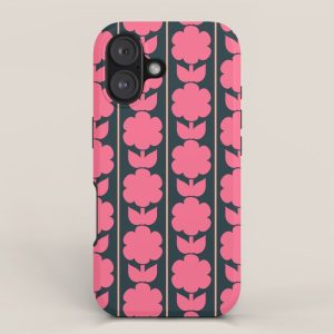 Retro Floral Jonnty Flowers and Stripes Pink and Blue Pattern iPhone Case