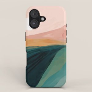 pink, green, gold moon watercolor mountains iPhone Case