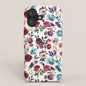 Burgundy pink teal blue watercolor boho floral iPhone Case