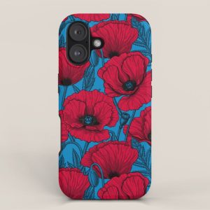 Red poppy garden on blue iPhone Case