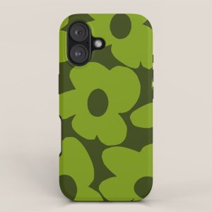 Large Green Retro Flowers - Green Petals on Dark Green Background #decor #society6 #buyart iPhone Case
