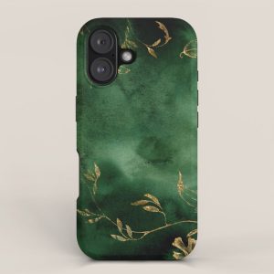 Winter Gold Flowers On Emerald Marble Texture iPhone Case