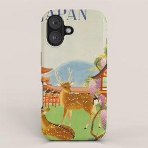 Vintage Mid Century Modern Japan Travel Poster Deer Red Pagoda Wisteria Garden iPhone Case