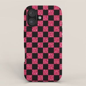 Pink Glitter Checkered Print in Black iPhone Case