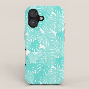 Monstera tropical palm leaves watercolor botanical painting pastel blue decor iPhone Case
