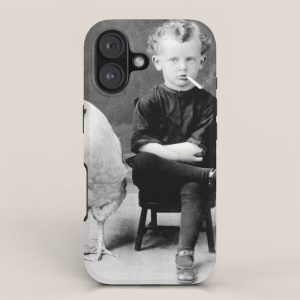 Smoking Boy with Chicken black and white photograph - photography - photographs iPhone Case
