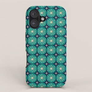 Mid Century Modern Atomic Dots and Stars Retro Pattern 2 in Mid Mod Teal Turquoise Navy Blue Beige iPhone Case