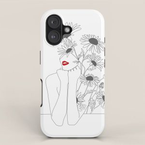 Minimal Line Art Girl with Sunflowers iPhone Case