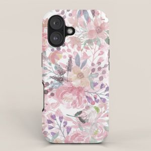 Pastel pink coral green watercolor flowers iPhone Case
