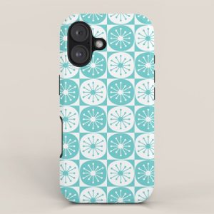 Mid Century Modern Retro Checkered Atomic Dots Pattern in Medium Turquoise and White iPhone Case