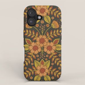 Orange, Peach, Olive Green & Dark Gray Floral Pattern iPhone Case