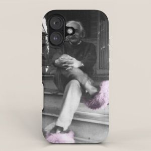 Satirical Einstein in Fuzzy Pink Slippers Classic E = mc² Black and White Satirical Photography iPhone Case