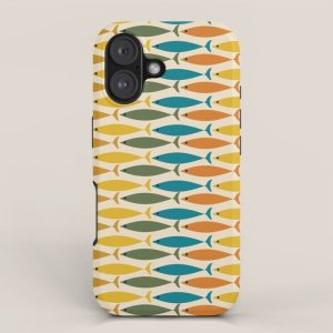 Mid-Century Modern Fish Stripes in Moroccan Teal, Green, Orange, Mustard, and Cream iPhone Case