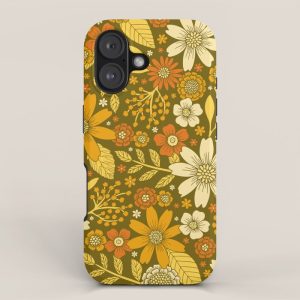 1970s Retro Flowers Pattern in Yellow, Orange & Olive Green iPhone Case