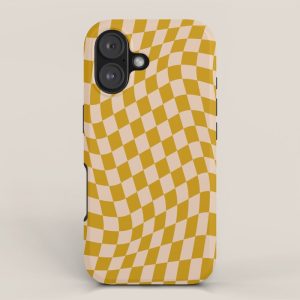 Retro Wavy Optical Illusion Checkerboard Pattern in Mustard Yellow and Cream iPhone Case
