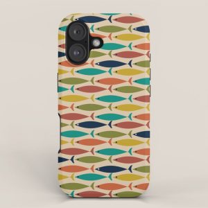 Midcentury Modern Multicolor Fish Pattern in Olive, Mustard, Orange, Teal, Beige iPhone Case