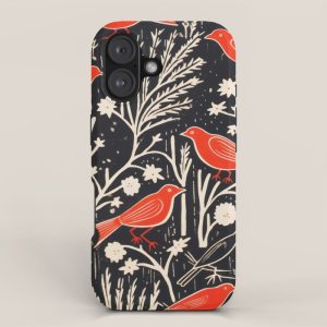 Red And Black Woodblock Birds iPhone Case