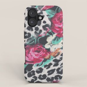 Vintage black white pink floral cheetah animal print iPhone Case