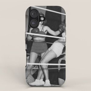 Oh, no she didn't! female boxer knocking out other female boxer vintage sports black and white photograph - photography - photographs iPhone Case