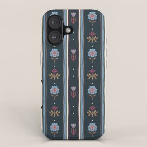 Navy Folk Floral Stripe iPhone Case