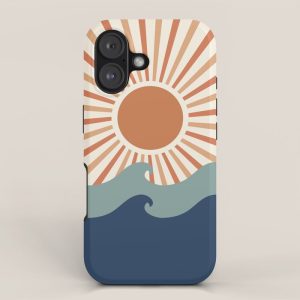Retro, Sun and Wave Art, Blue and Orange iPhone Case